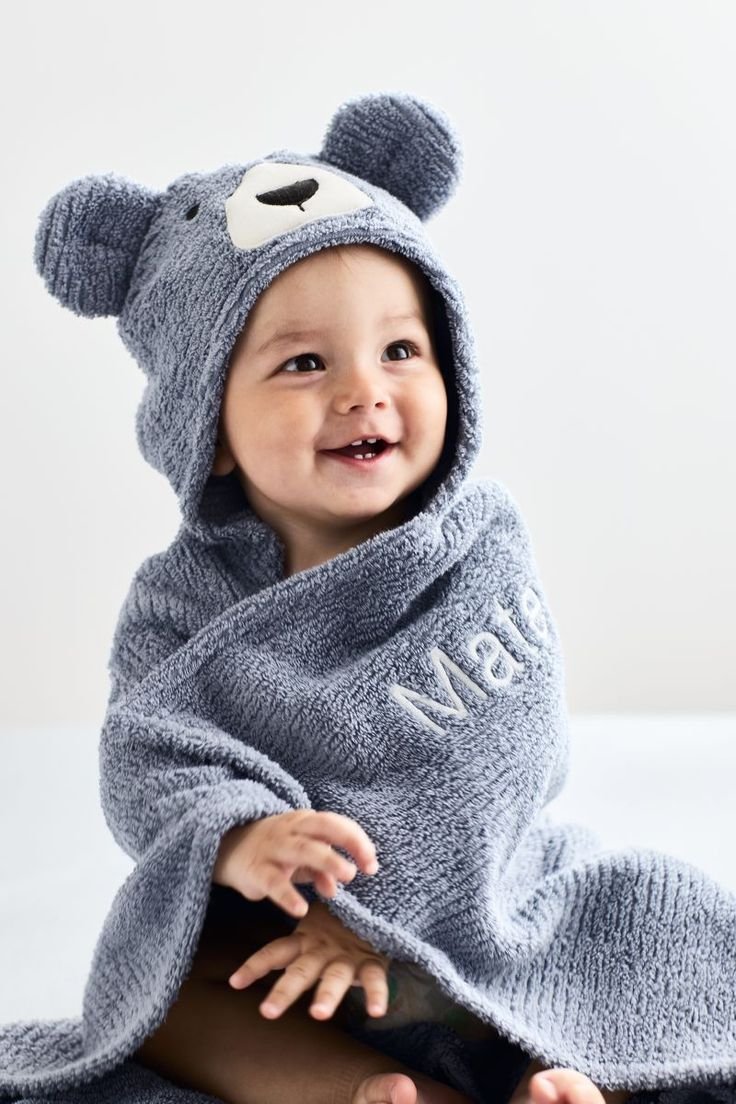 Bear Smoke Blue Organic Cotton Hooded Baby Towel + Reviews _ Crate & Kids