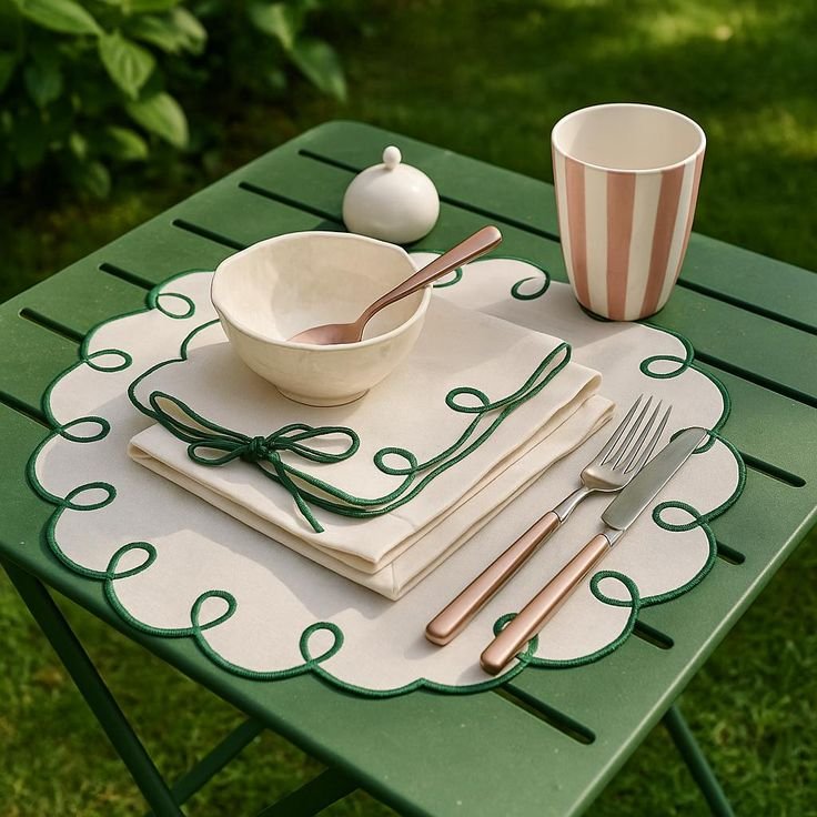 Besticktes Leinen Tischset und Servietten-Set – Grüne Borte Tischdekoration – Handgemachte umweltfreundliche Tischwäsche