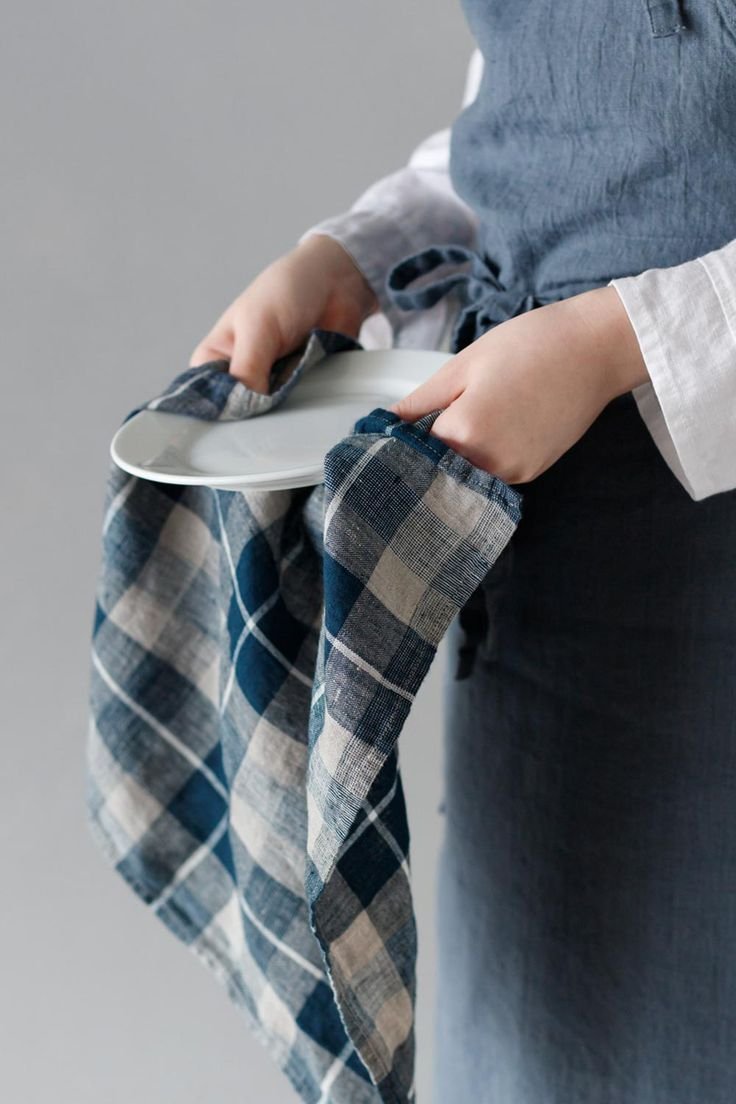 Blue checked linen kitchen towel