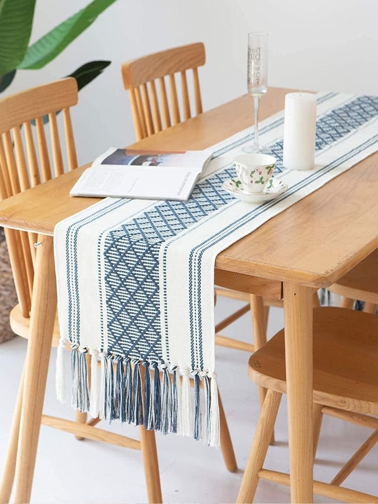 Geometric Pattern Tassel Trim Table Runner _ SHEIN USA